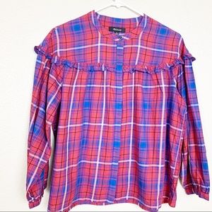 Madewell Plaid Ruffle Shirt Medium Warm Berry